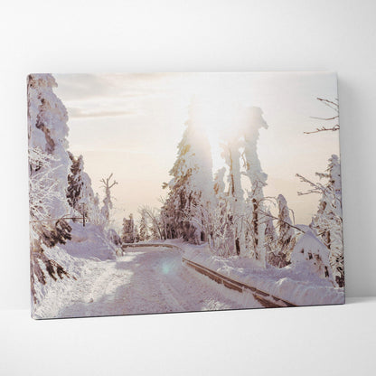 Canvas wall art showing a snowy winter landscape with trees bathed in warm sunlight along a winding road.