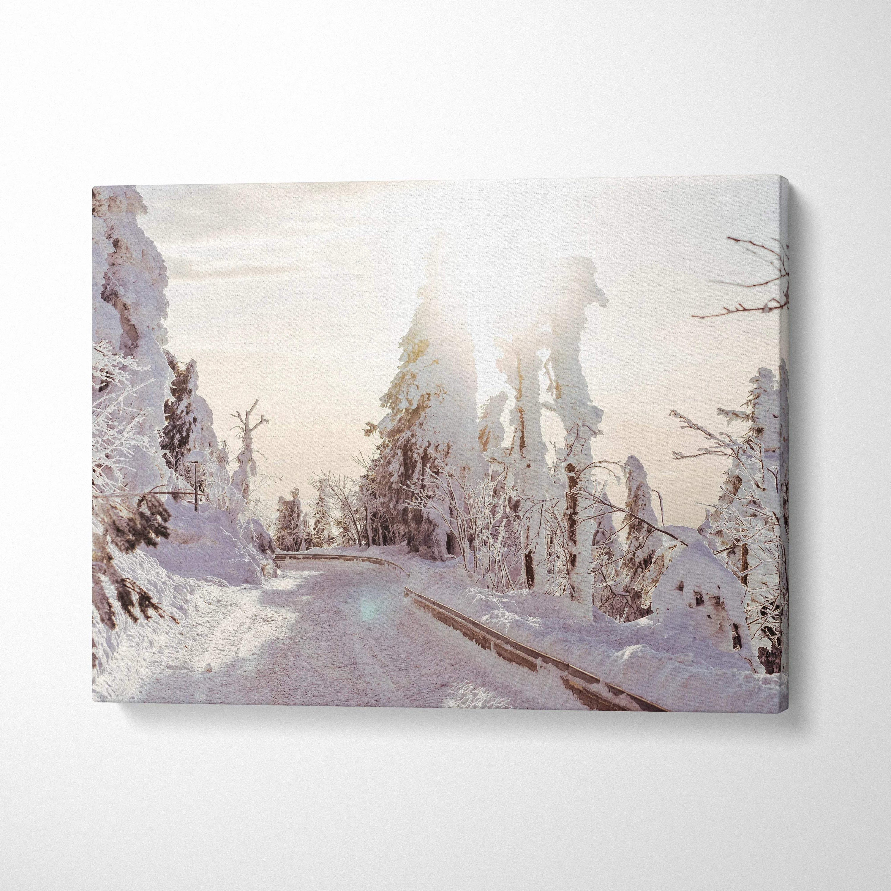 Winter snowy trees landscape canvas wall art with warm sunlight decor in soft tones.