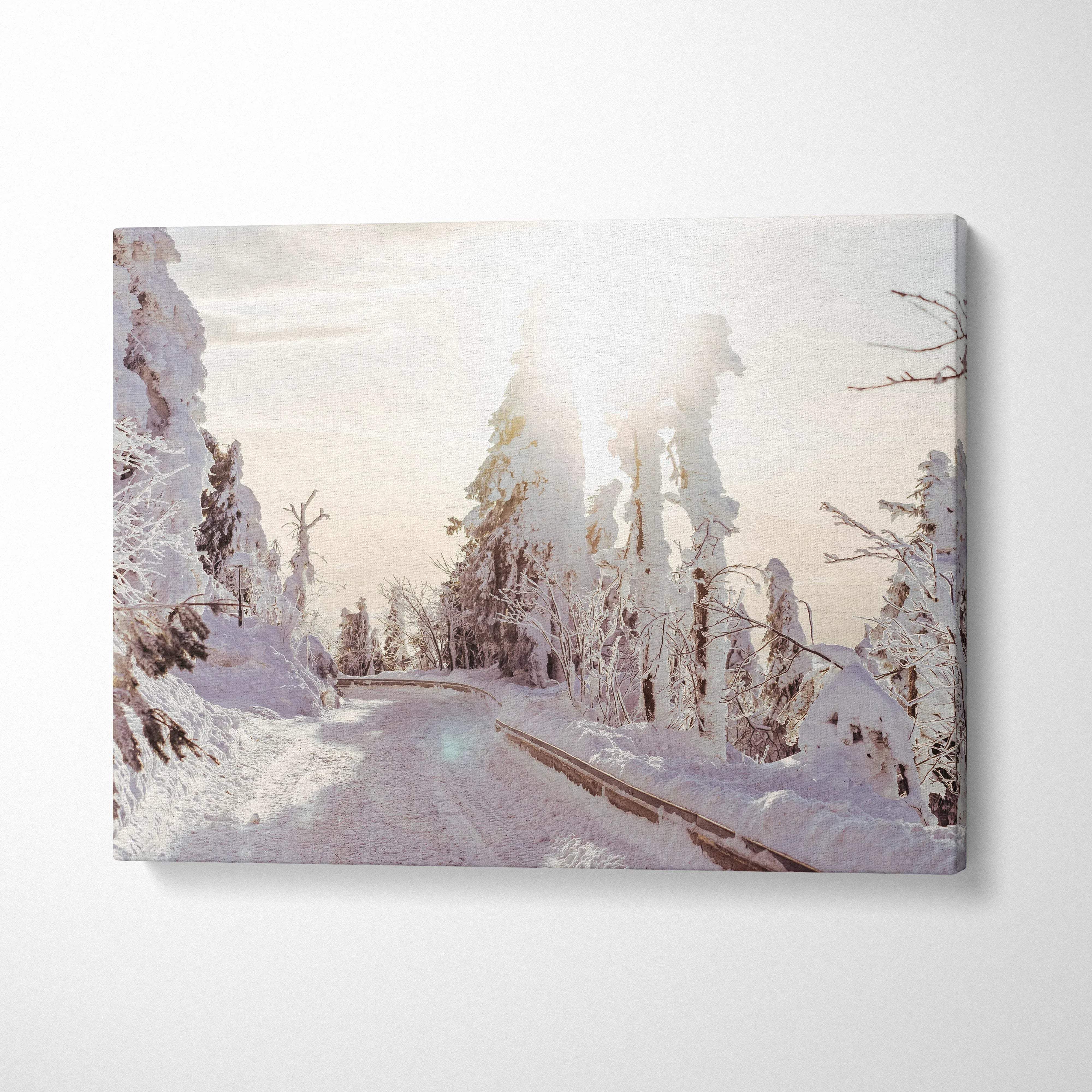 Winter snowy trees landscape canvas wall art with warm sunlight decor in soft tones.