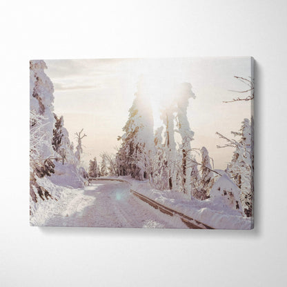 Winter snowy trees landscape canvas wall art with warm sunlight decor in soft tones.