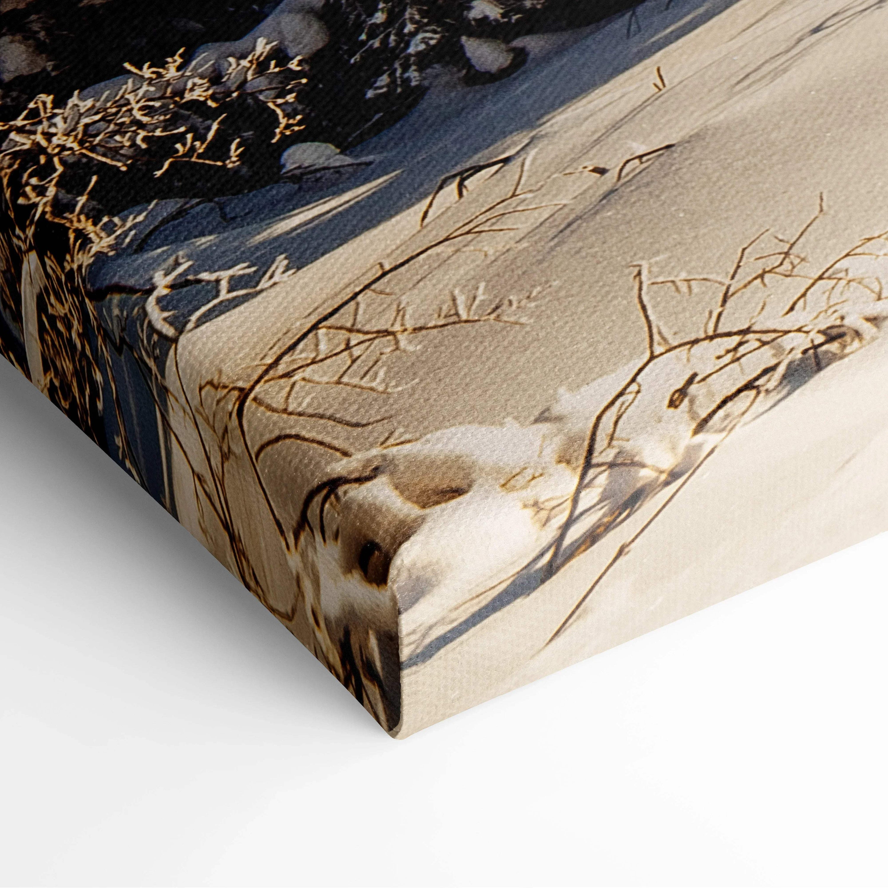 High-resolution canvas wall art featuring detailed snowy tree branches in soft beige and brown tones.