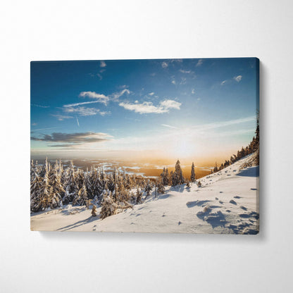 Winter snowy forest landscape with golden sunset on canvas wall art decor.