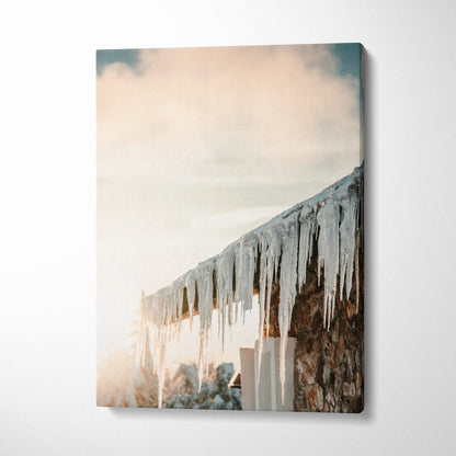 Winter-themed canvas wall art featuring glistening roof icicles with soft snowy landscape background, vertical decor.