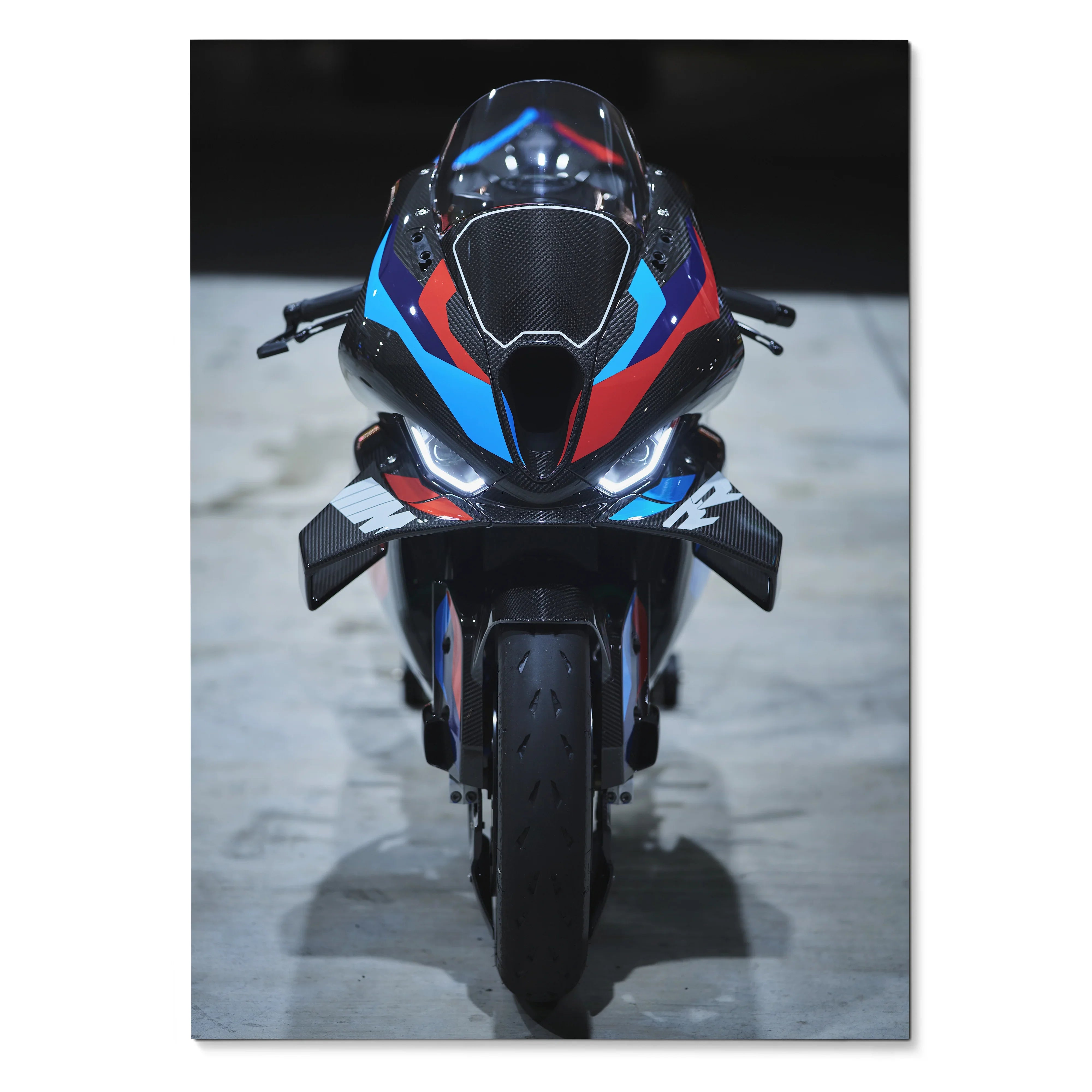 BMW M1000RR motorcycle front view poster with black, blue, and red racing colors wall art.