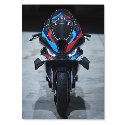 BMW M1000RR motorcycle front view poster with black, blue, and red racing colors wall art.