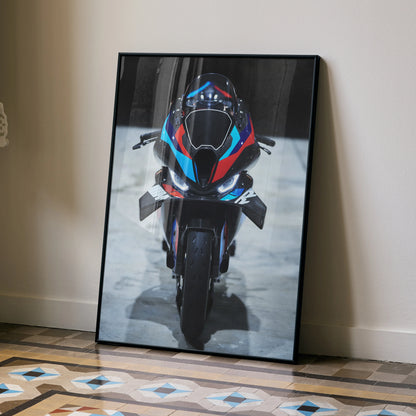 BMW M1000RR motorcycle front view poster with vibrant racing colors on satin wall art.