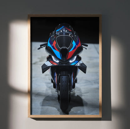BMW M1000RR motorcycle front view poster with blue and red accents, satin wall art.