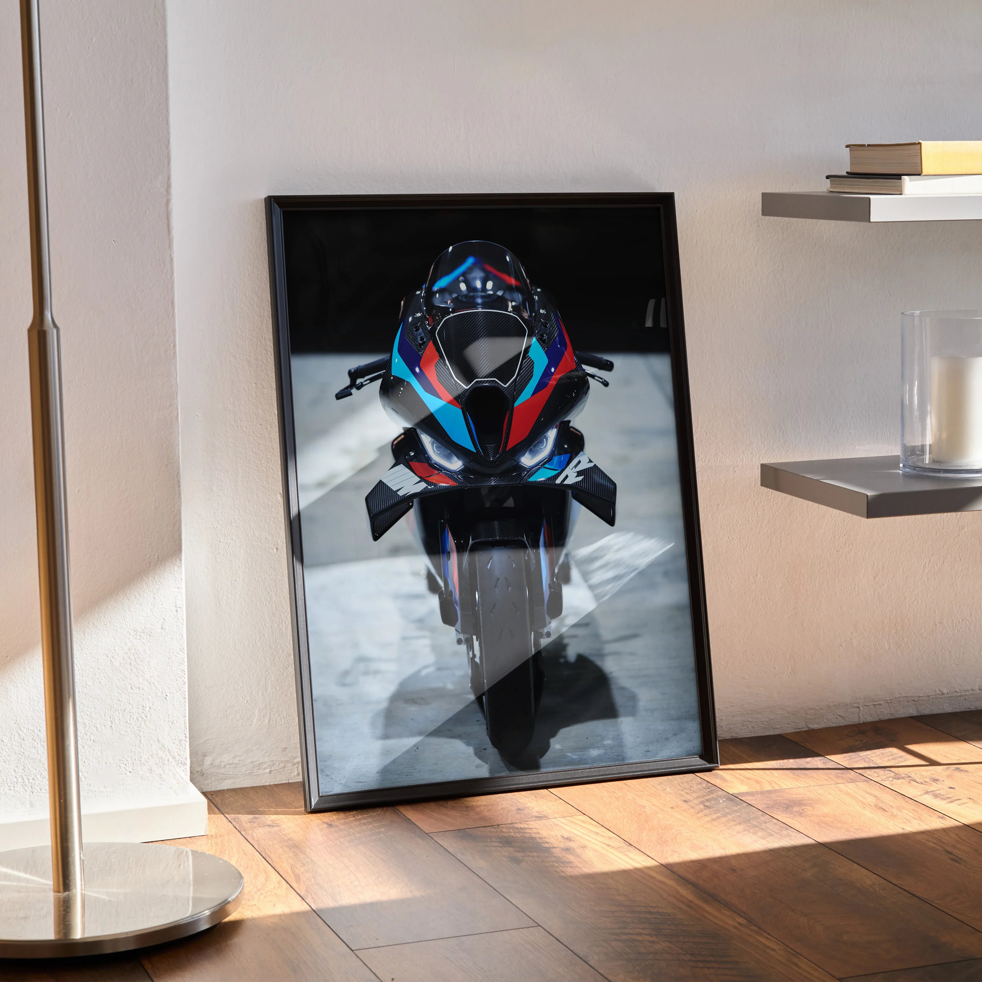 BMW M1000RR motorcycle poster with bold blue and red accents, satin finish wall art in black frame.