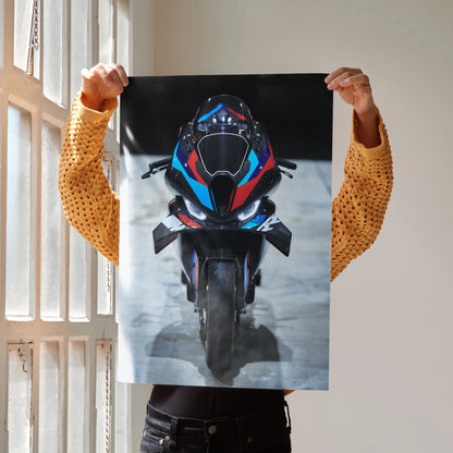 BMW M1000RR motorcycle wall art poster with vibrant blue and red racing stripes on black satin background.