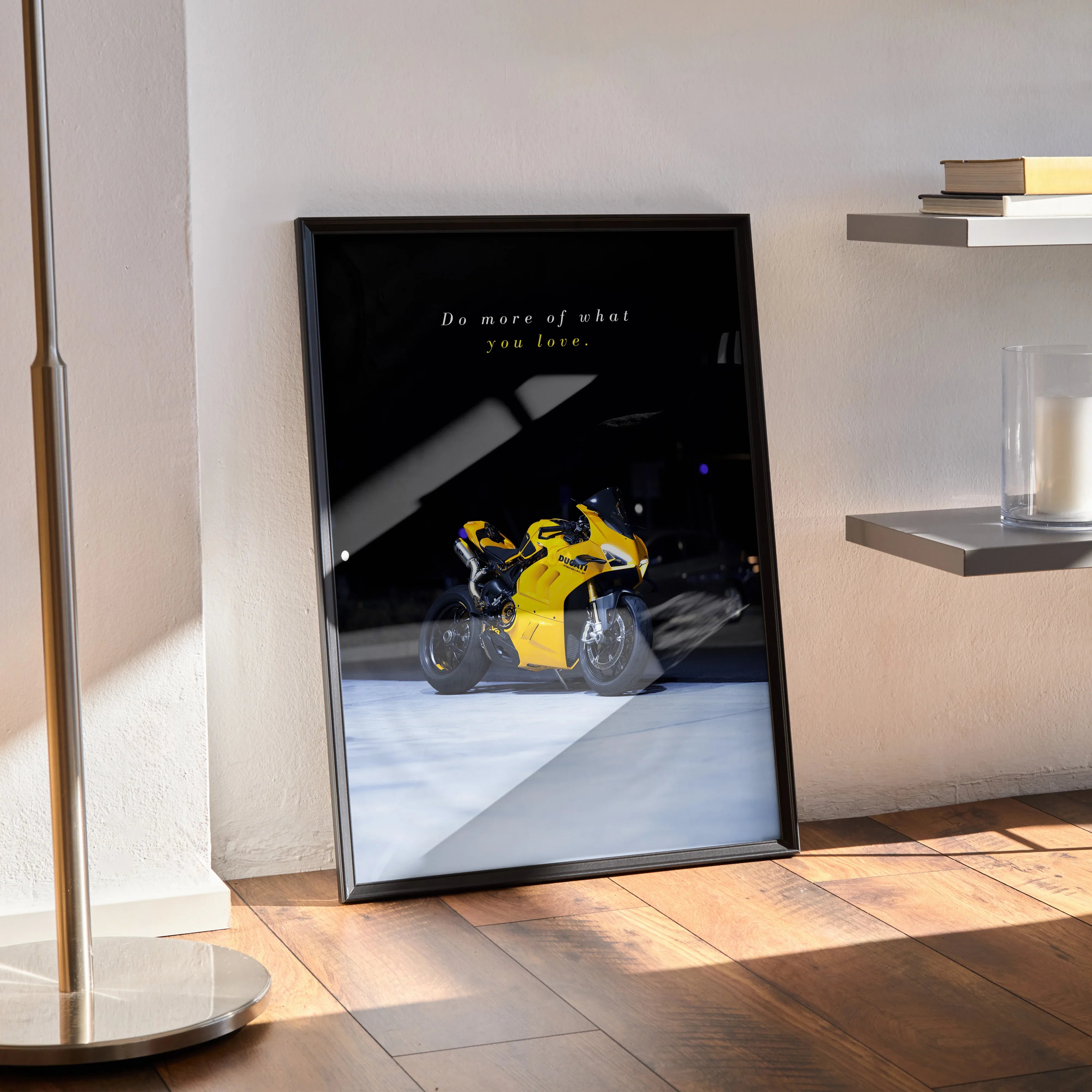 Motivational Ducati Panigale V4S poster in black frame with yellow motorcycle and inspiring text wall art.