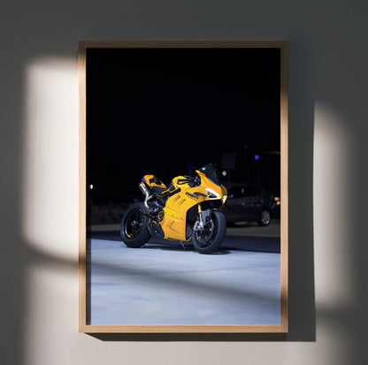 Ducati Panigale V4S motorcycle poster with yellow bike on dark background wall art.
