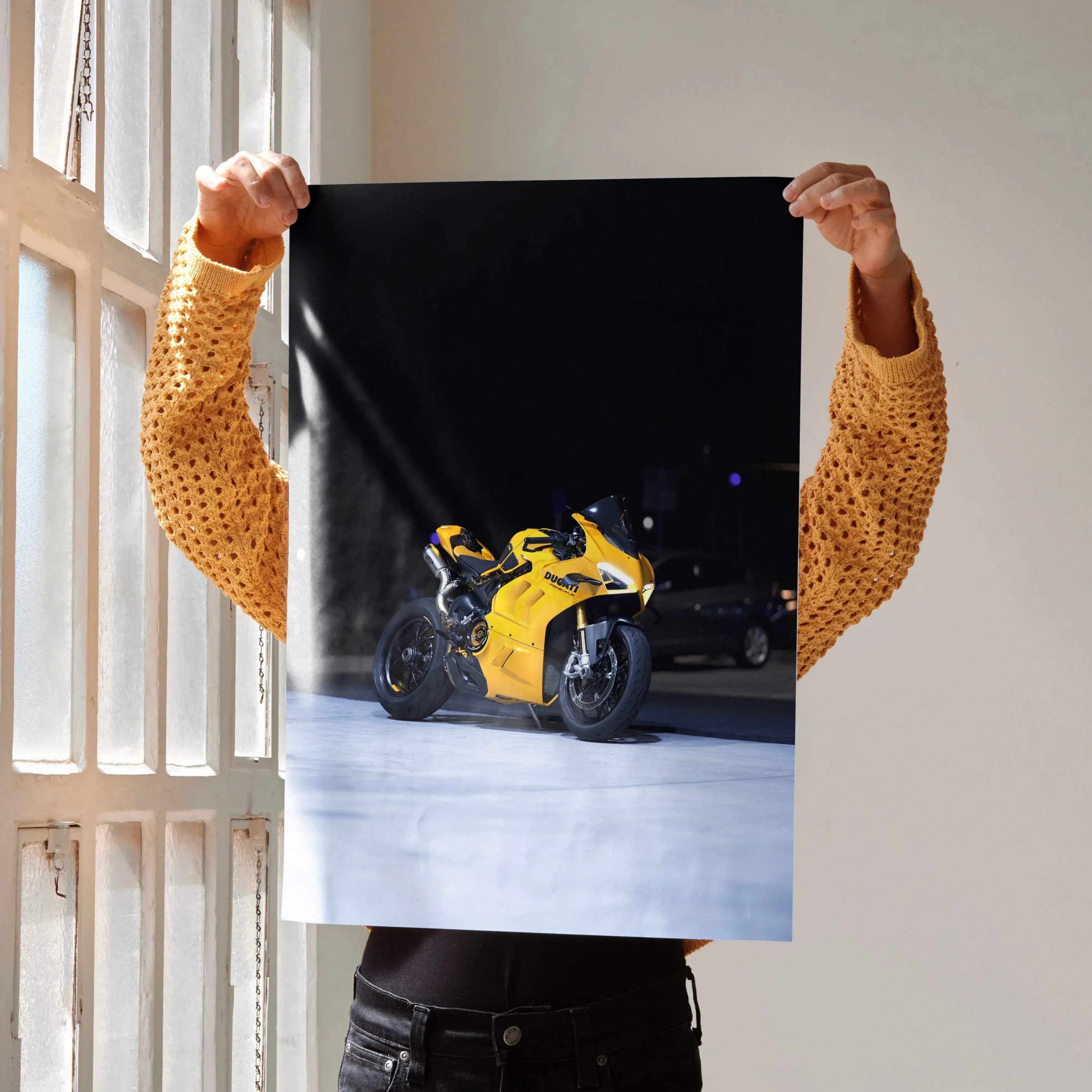 Poster of a yellow Ducati Panigale V4S motorcycle against a dark background, wall art.