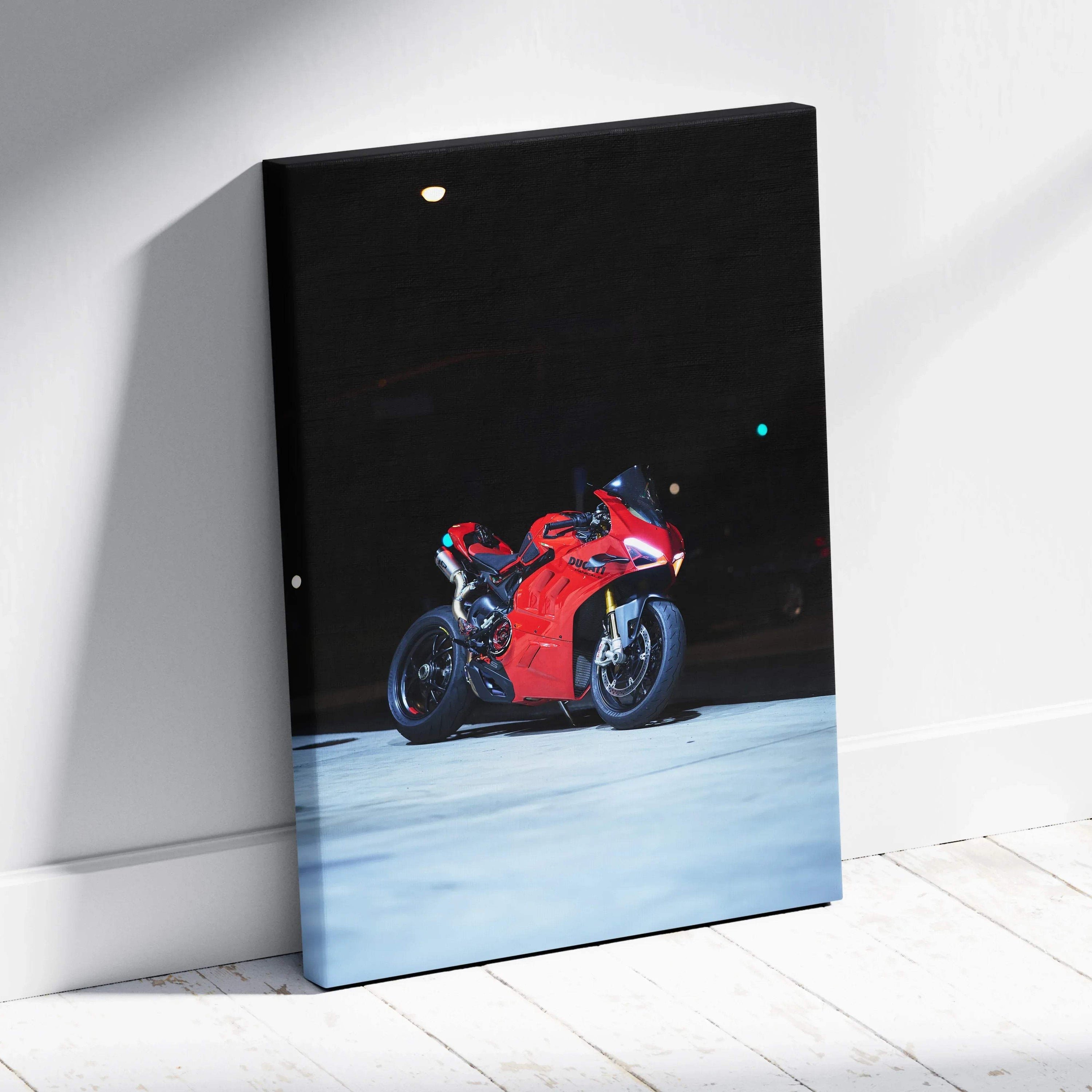 Ducati Panigale V4S red motorcycle canvas art with dark background vertical wall art.