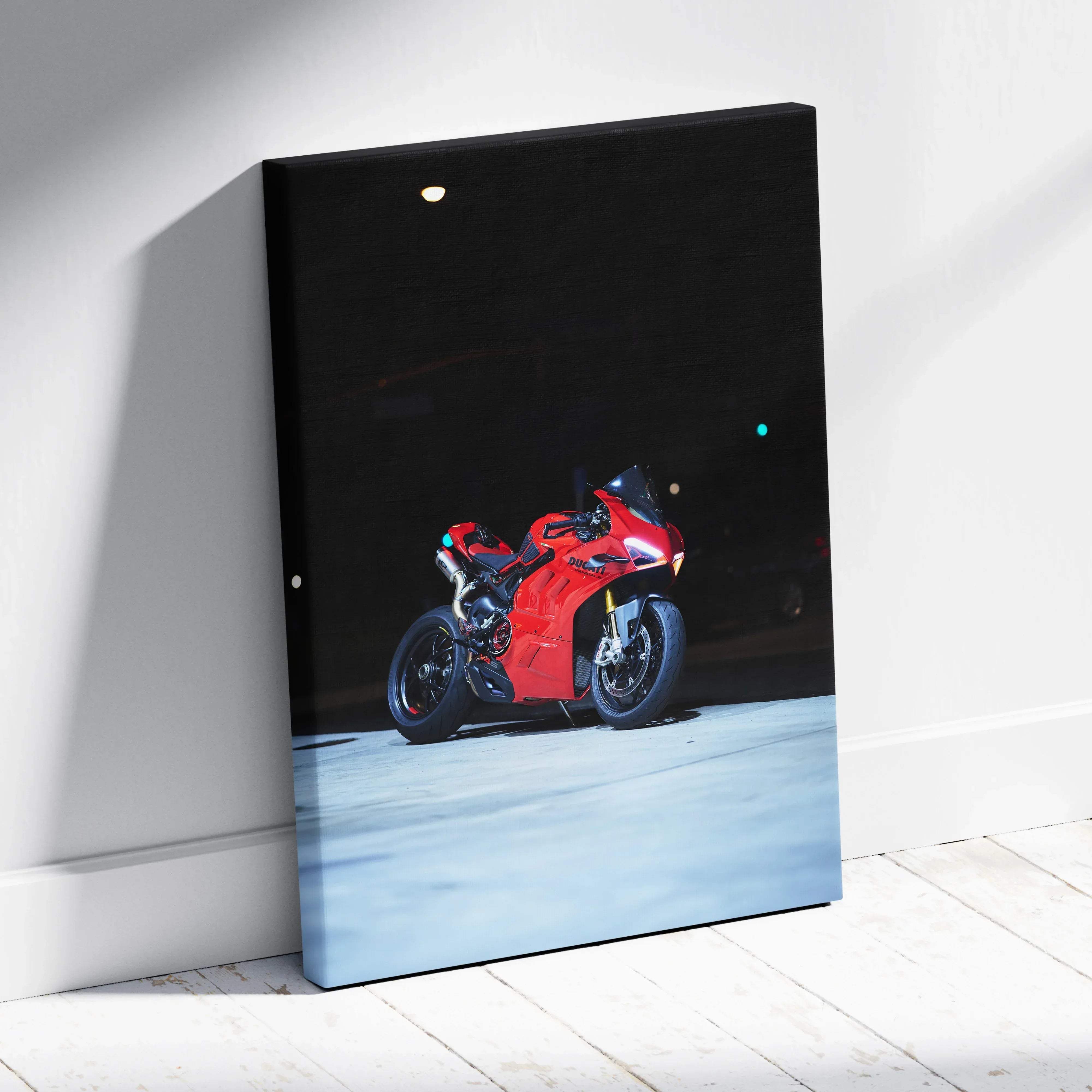 Red ducati panigale v4s vertical canvas print in red leaning against white wall high resolution museum quality