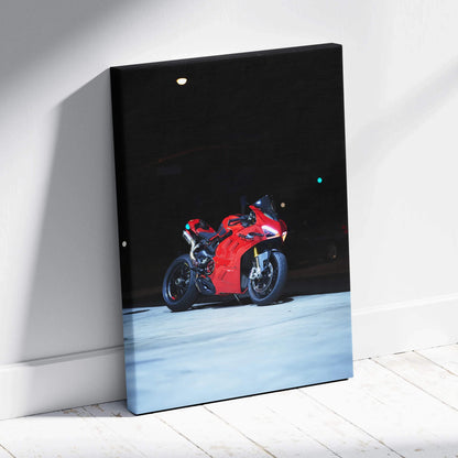 Ducati Panigale V4S red motorcycle canvas art with dark background vertical wall art.