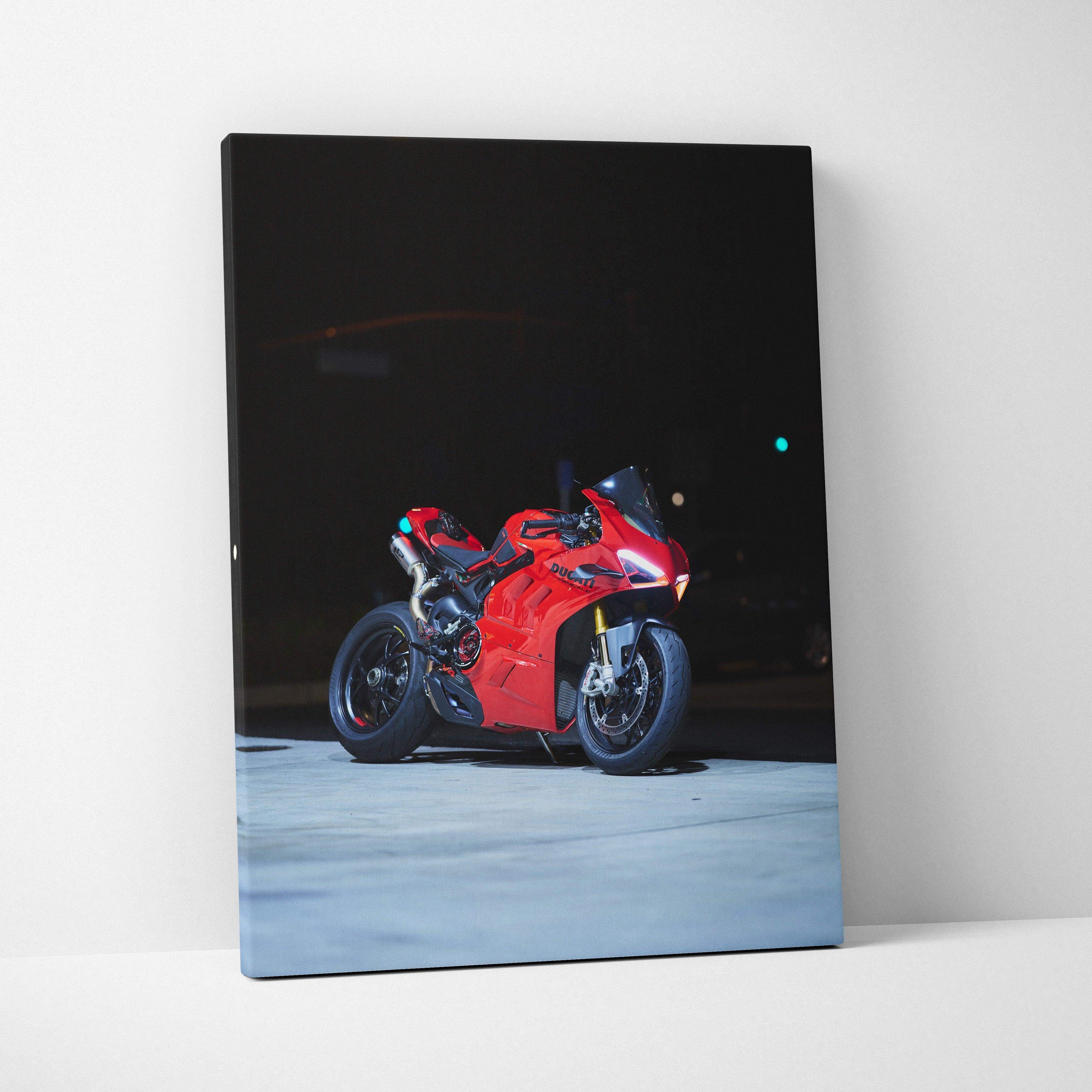 Vertical canvas art featuring a red Ducati Panigale V4S motorcycle in dark ambient light.