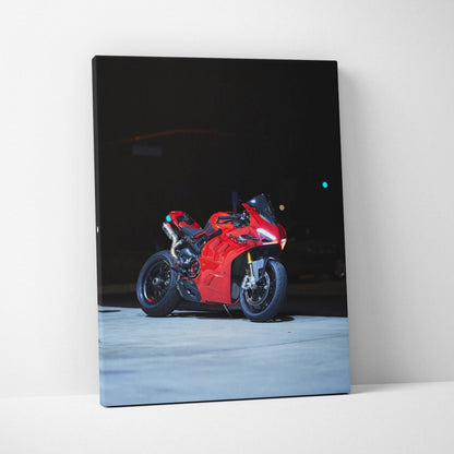 Vertical canvas art featuring a red Ducati Panigale V4S motorcycle in dark ambient light.