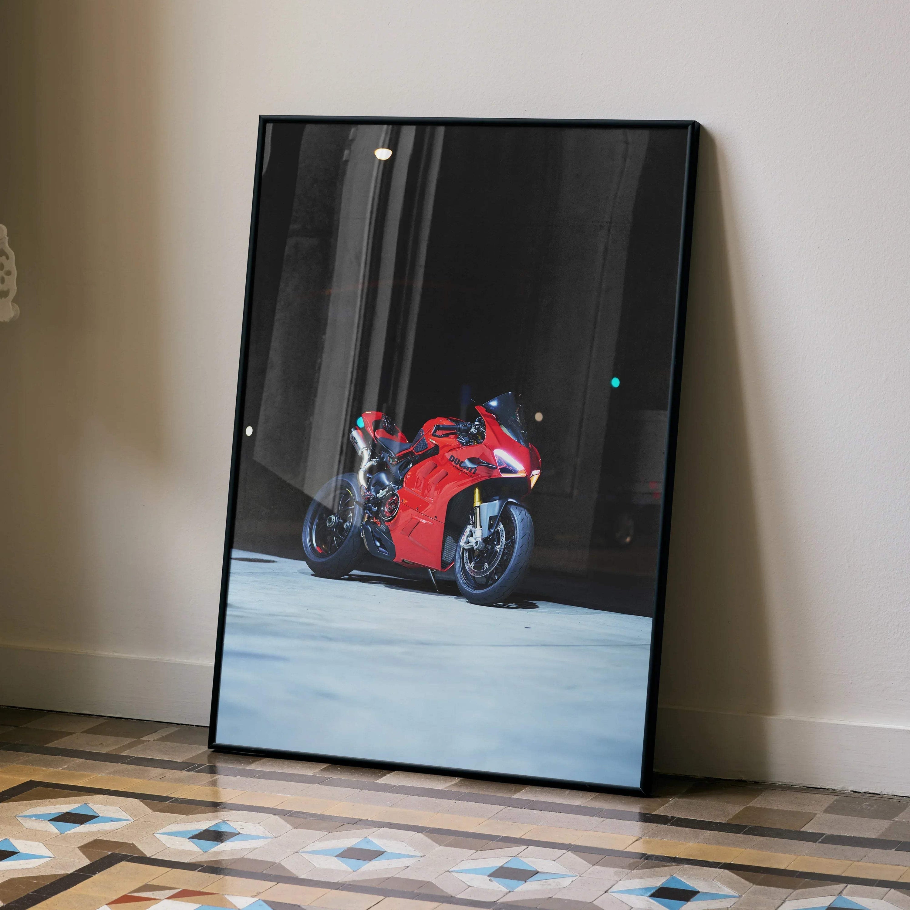 Framed Ducati Panigale V4S poster with vivid red motorcycle against dark background wall art.
