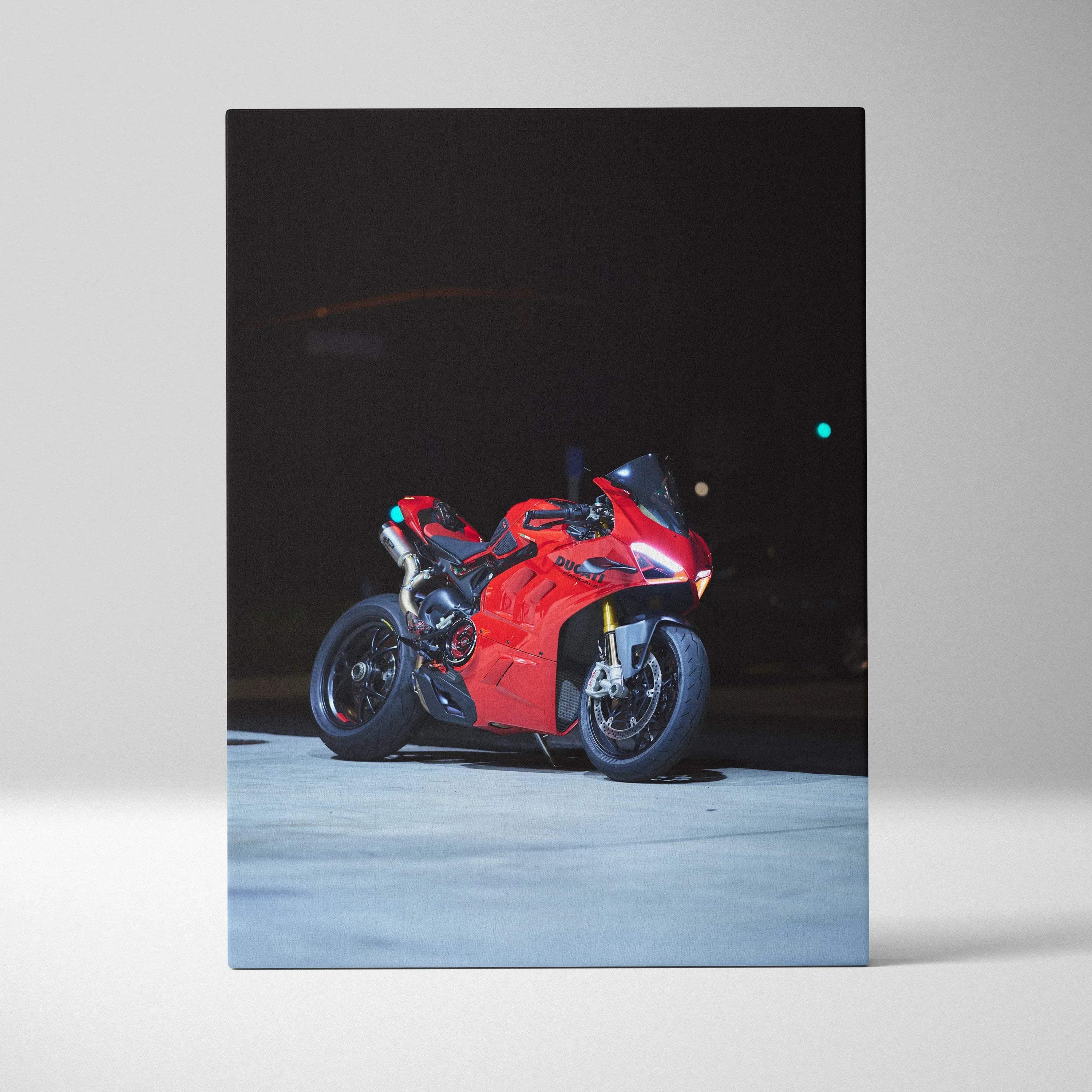 Red Ducati Panigale V4S motorcycle on dark backdrop canvas wall art print.