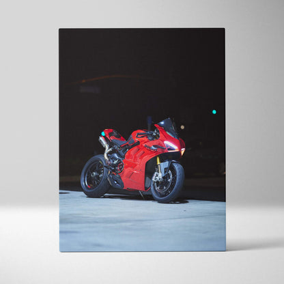 Red Ducati Panigale V4S motorcycle on dark backdrop canvas wall art print.