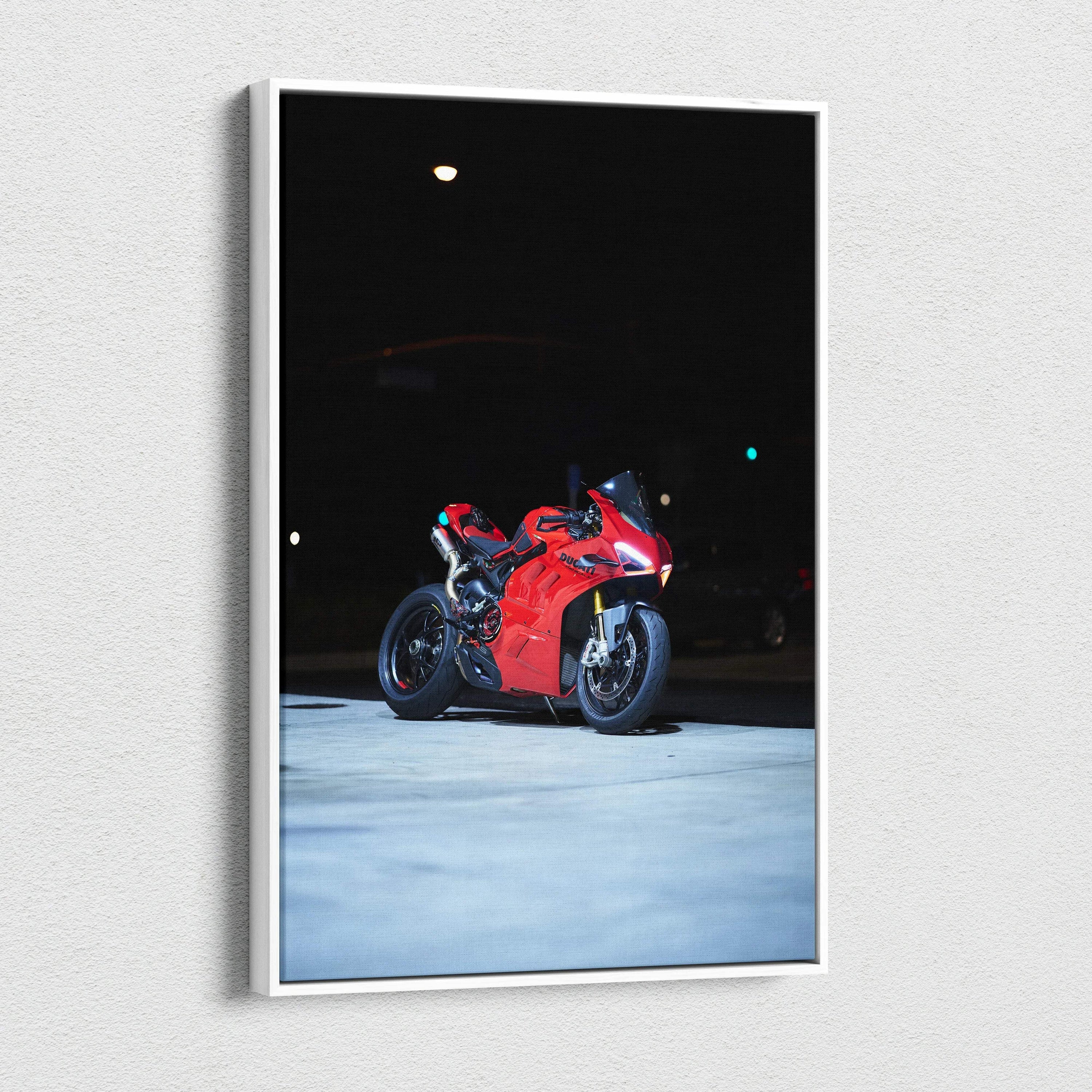 Red Ducati Panigale V4S motorcycle on black background vertical canvas wall art.