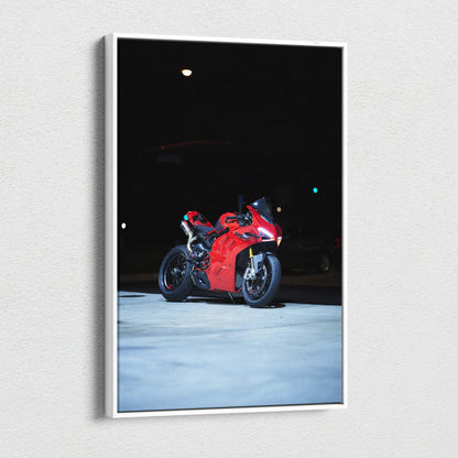 Red Ducati Panigale V4S motorcycle on black background vertical canvas wall art.