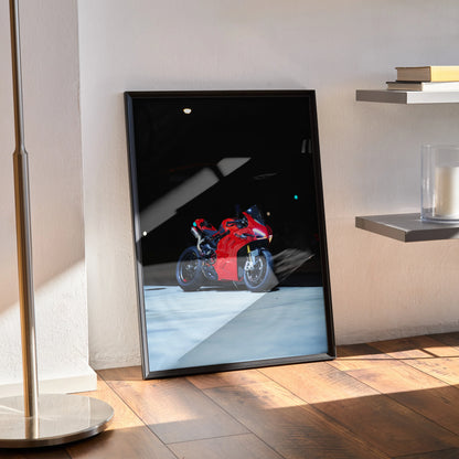 Ducati Panigale V4S poster with vivid red motorcycle on black background, modern wall art in black frame.