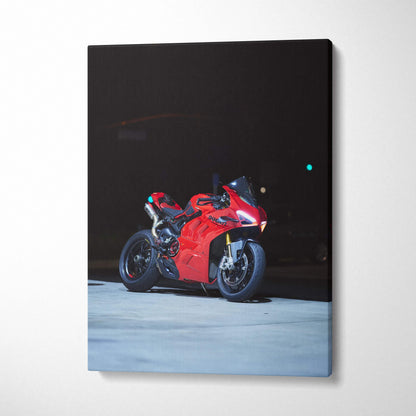 Red Ducati Panigale V4S motorcycle on black background vertical canvas wall art.