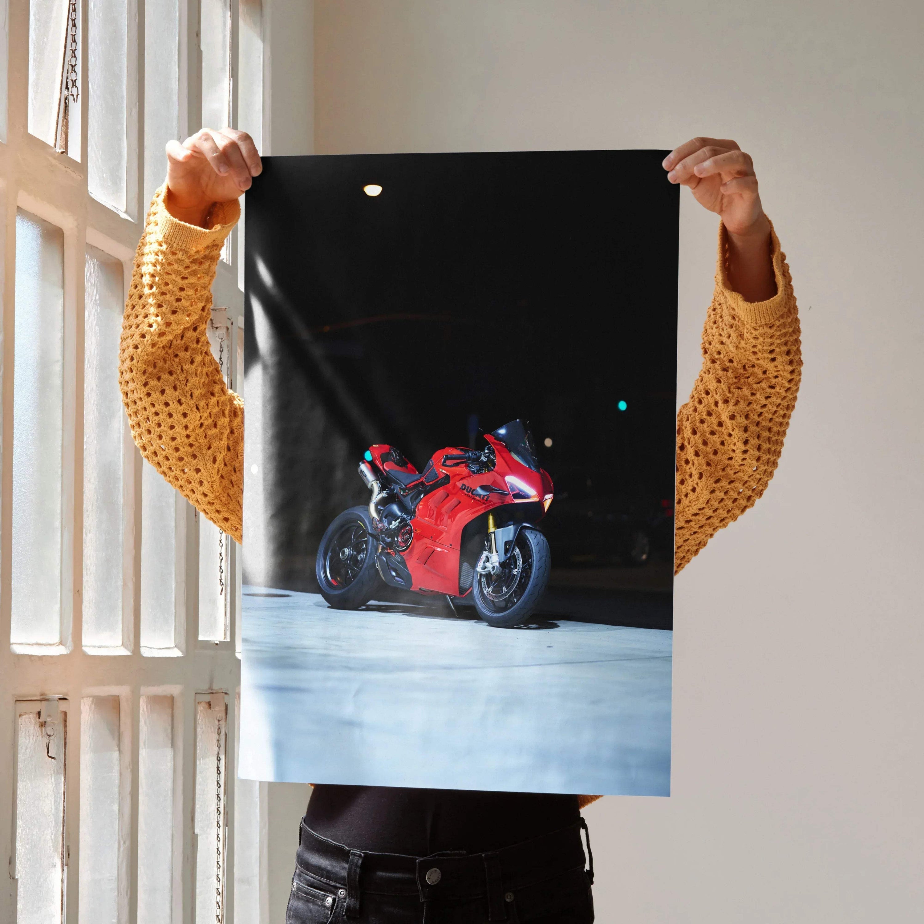 Ducati Panigale V4S red motorcycle poster held against neutral background, wall art design.