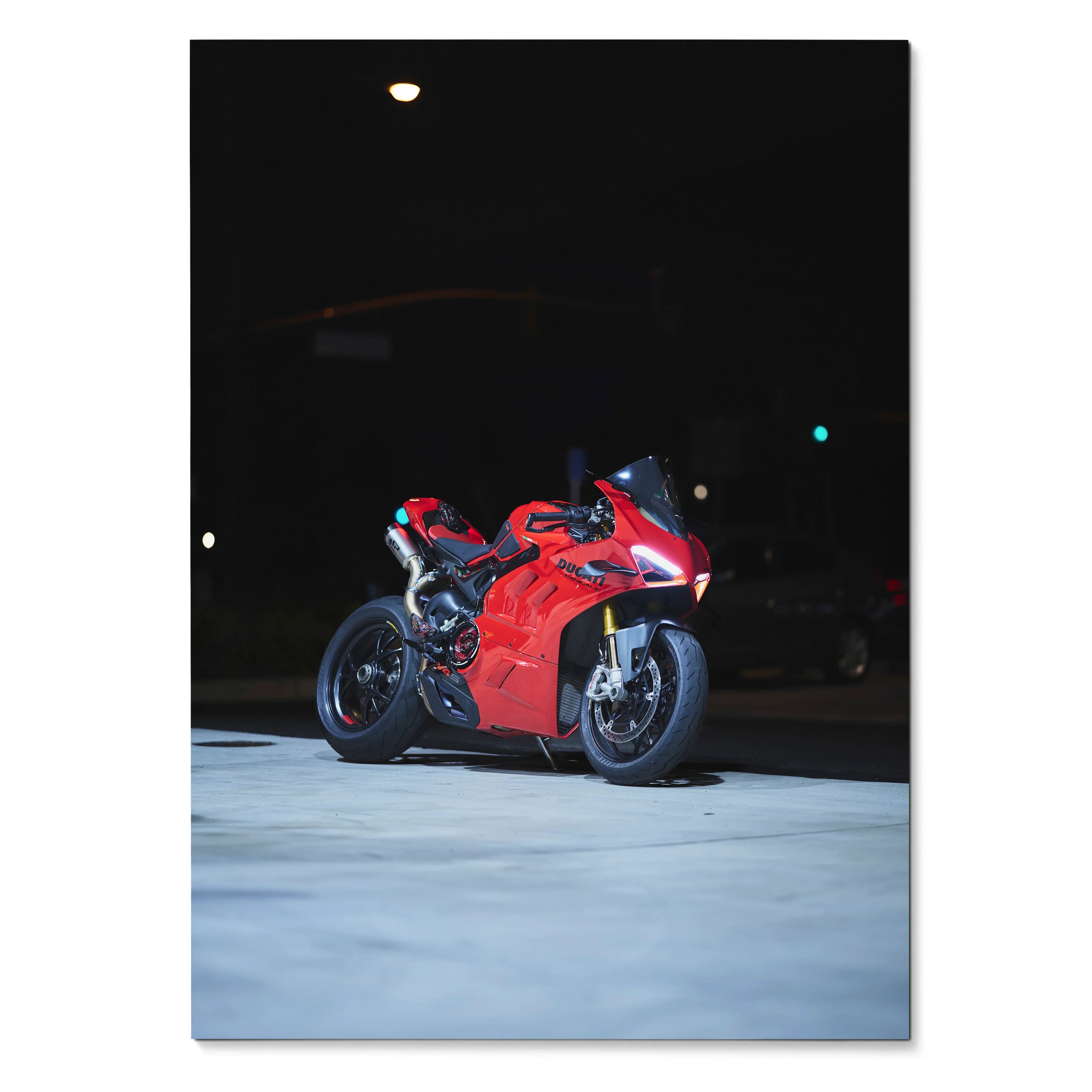 Red Ducati Panigale V4S motorcycle under night sky poster wall art with black background.