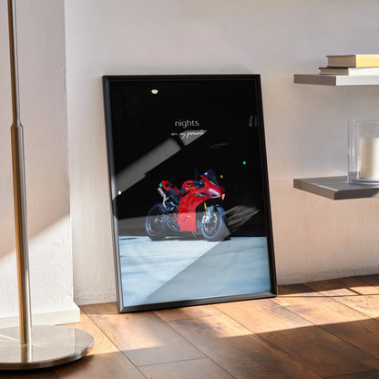 Motivational poster wall art featuring a red Ducati Panigale V4S against a dark background with inspiring text.