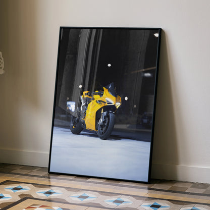 Framed poster wall art of yellow Ducati Panigale V4S motorcycle on dark urban background.