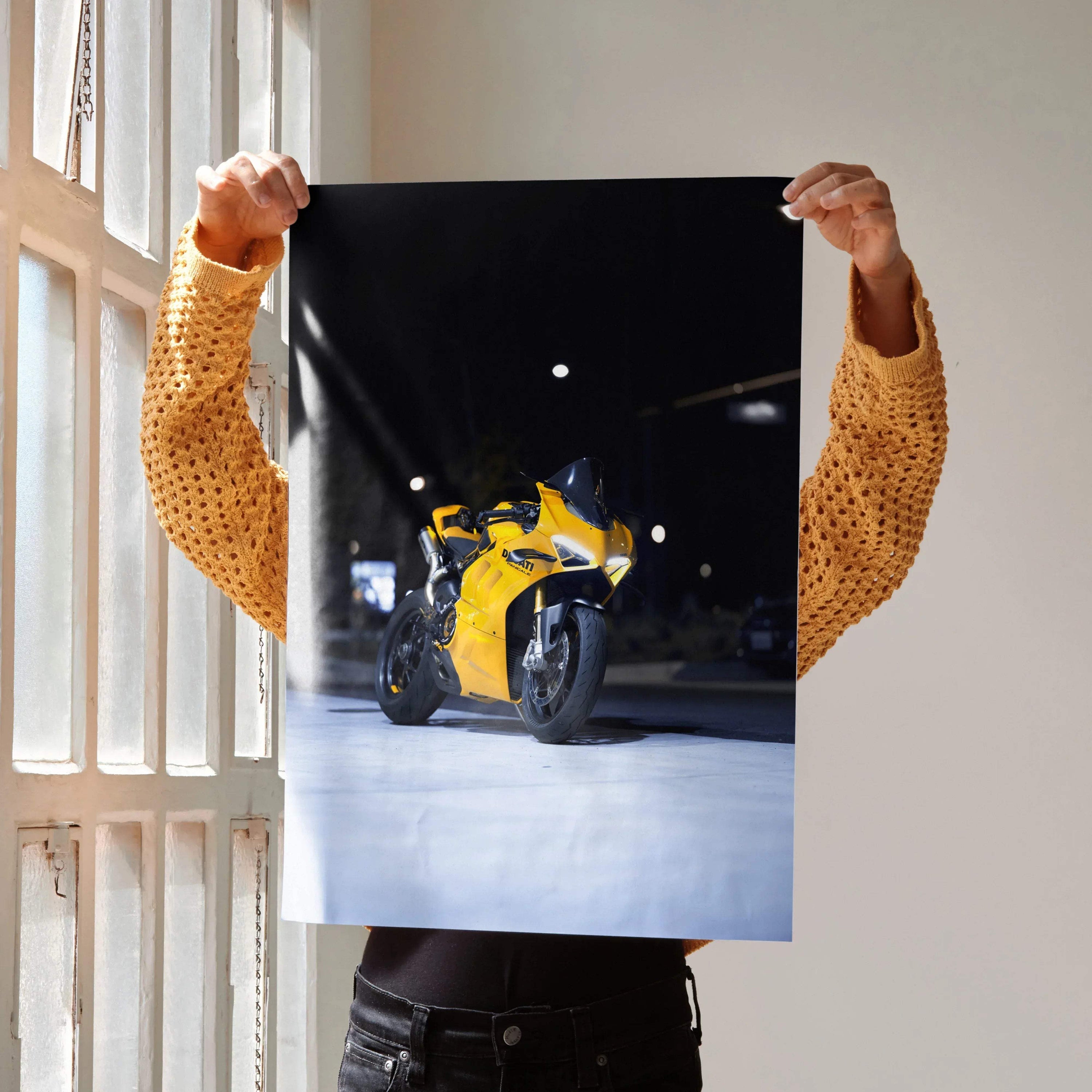 Ducati Panigale V4S yellow motorcycle poster with dark background, premium wall art for enthusiasts.