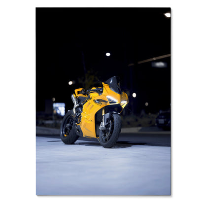 Yellow Ducati Panigale V4S motorcycle against dark background poster wall art.