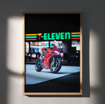 Ducati Panigale V4S motorcycle poster with 7-Eleven neon sign in background, wall art print.