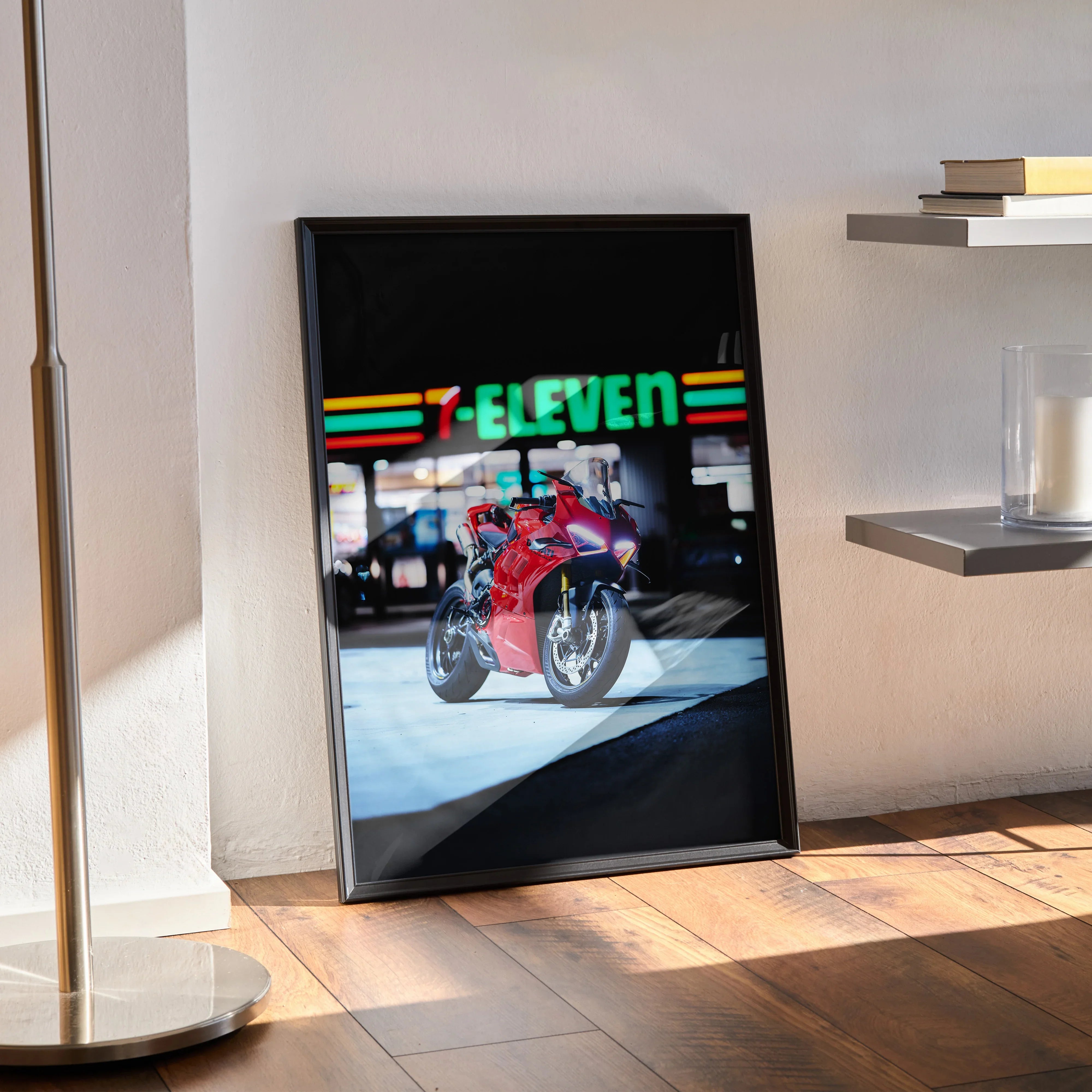 Ducati Panigale V4S poster wall art with vibrant neon 7-Eleven sign and sleek red motorcycle.