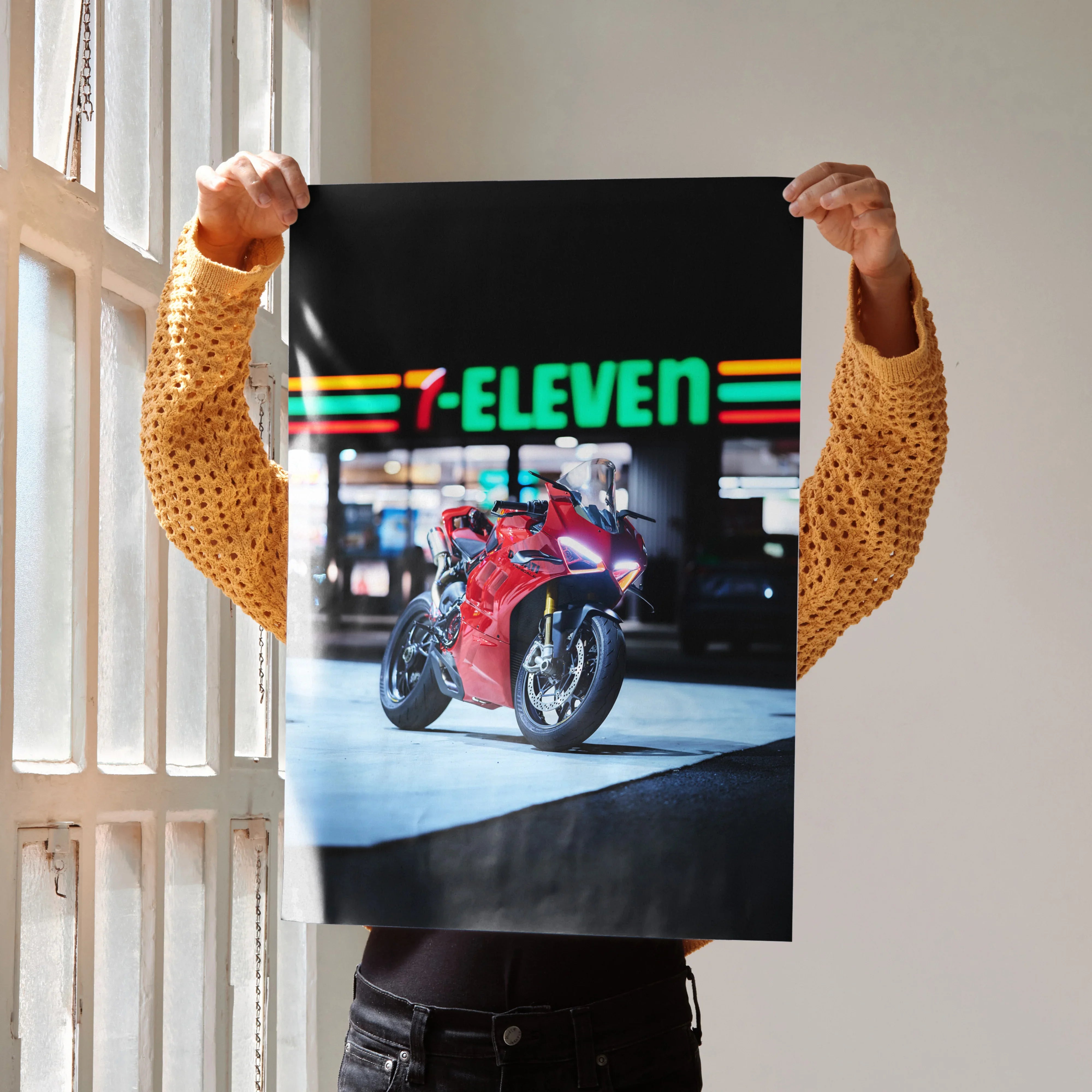 Ducati Panigale V4S motorcycle poster with vibrant 7-Eleven background, wall art for motorsport fans.