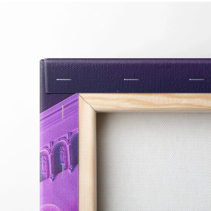 Close-up of wooden frame and purple canvas art with subtle texture for wall art display.