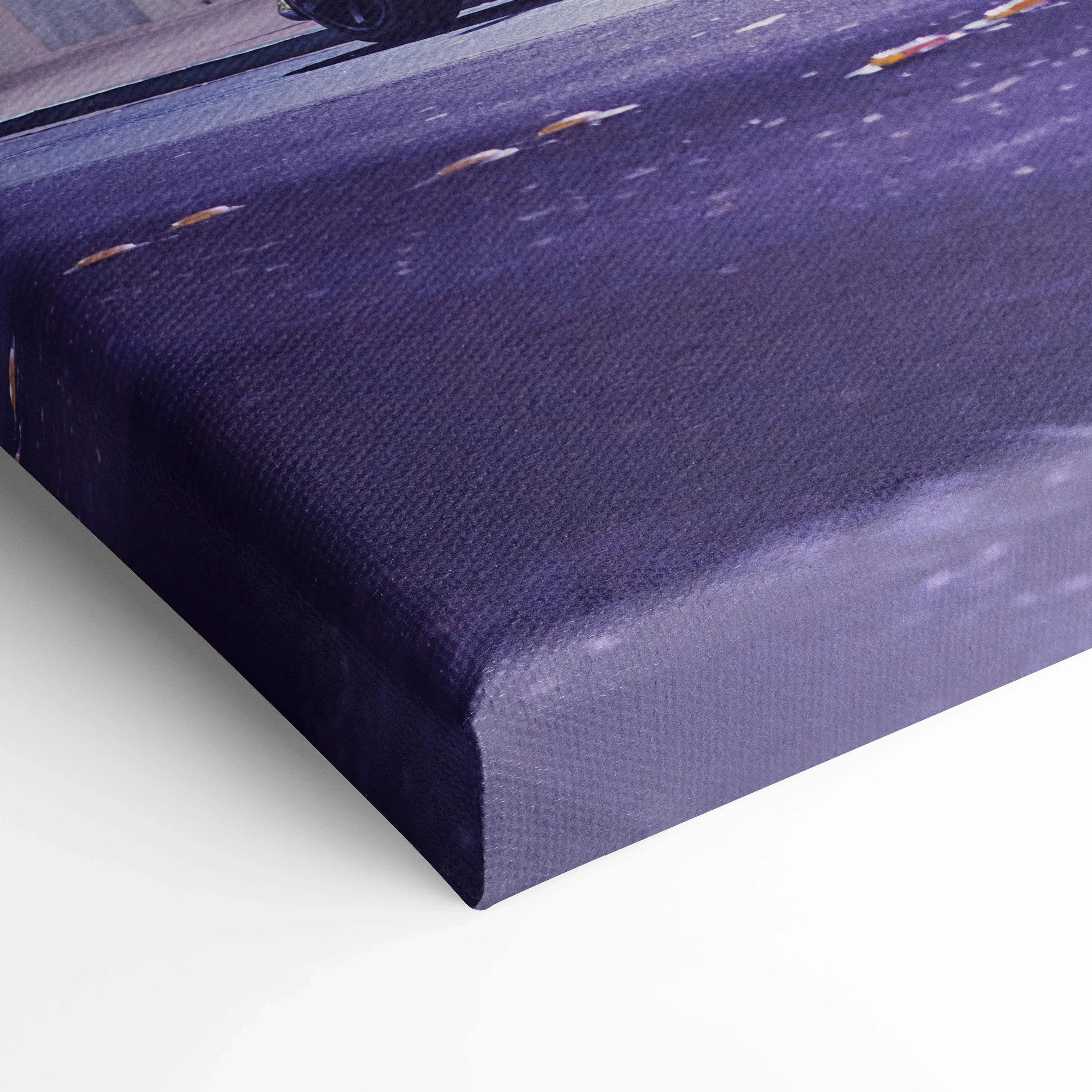 Close-up of Toyota MR2 vertical canvas wall art with deep purple tones and textured edge wrap.
