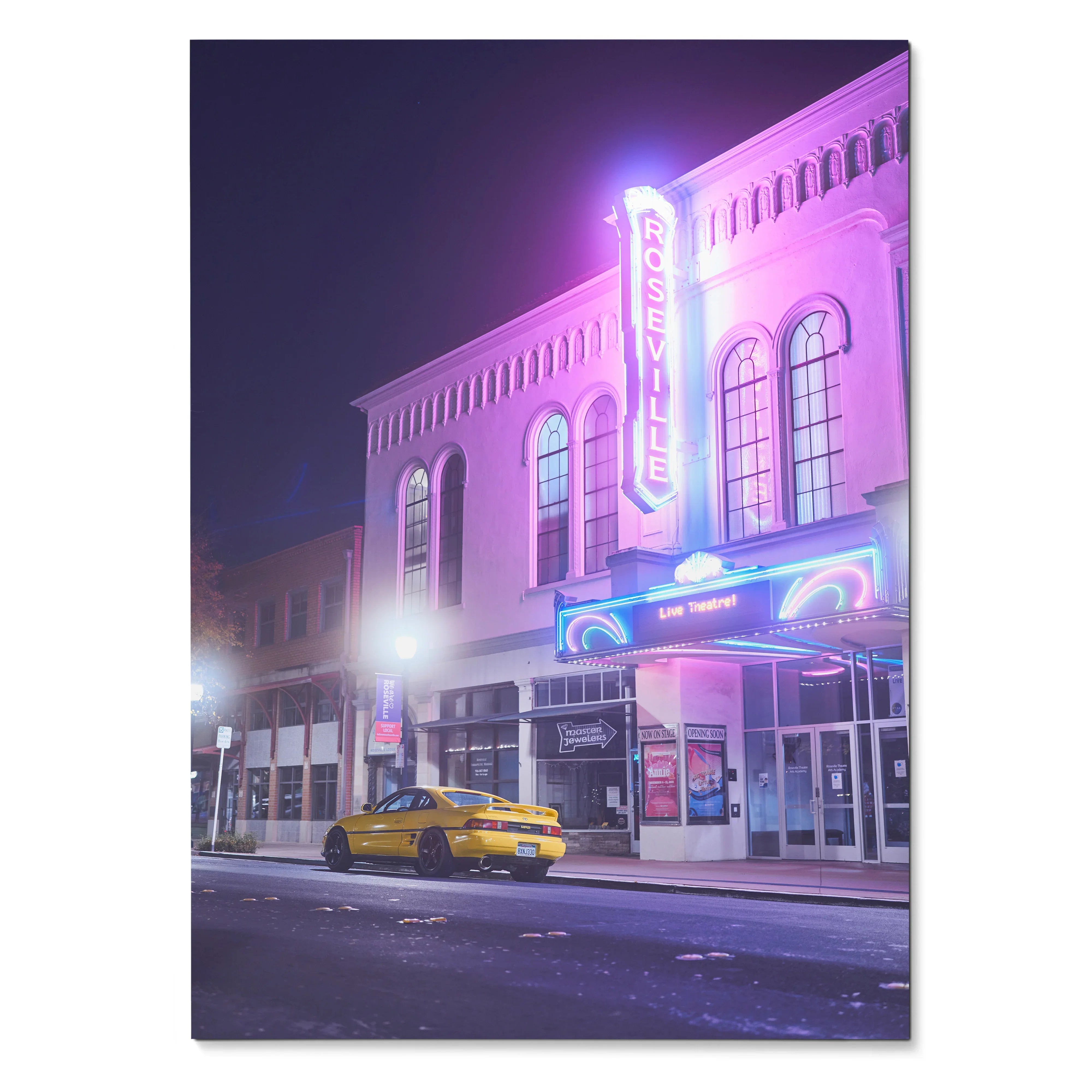 Toyota MR2 car parked outside a neon-lit theater at night poster wall art.