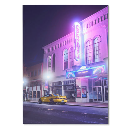 Toyota MR2 car parked outside a neon-lit theater at night poster wall art.