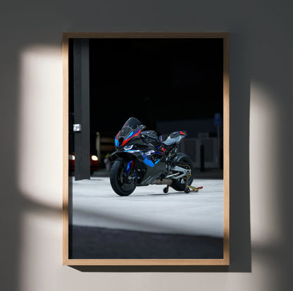BMW M1000RR motorcycle art print poster with sleek black and blue racing design on wall art.