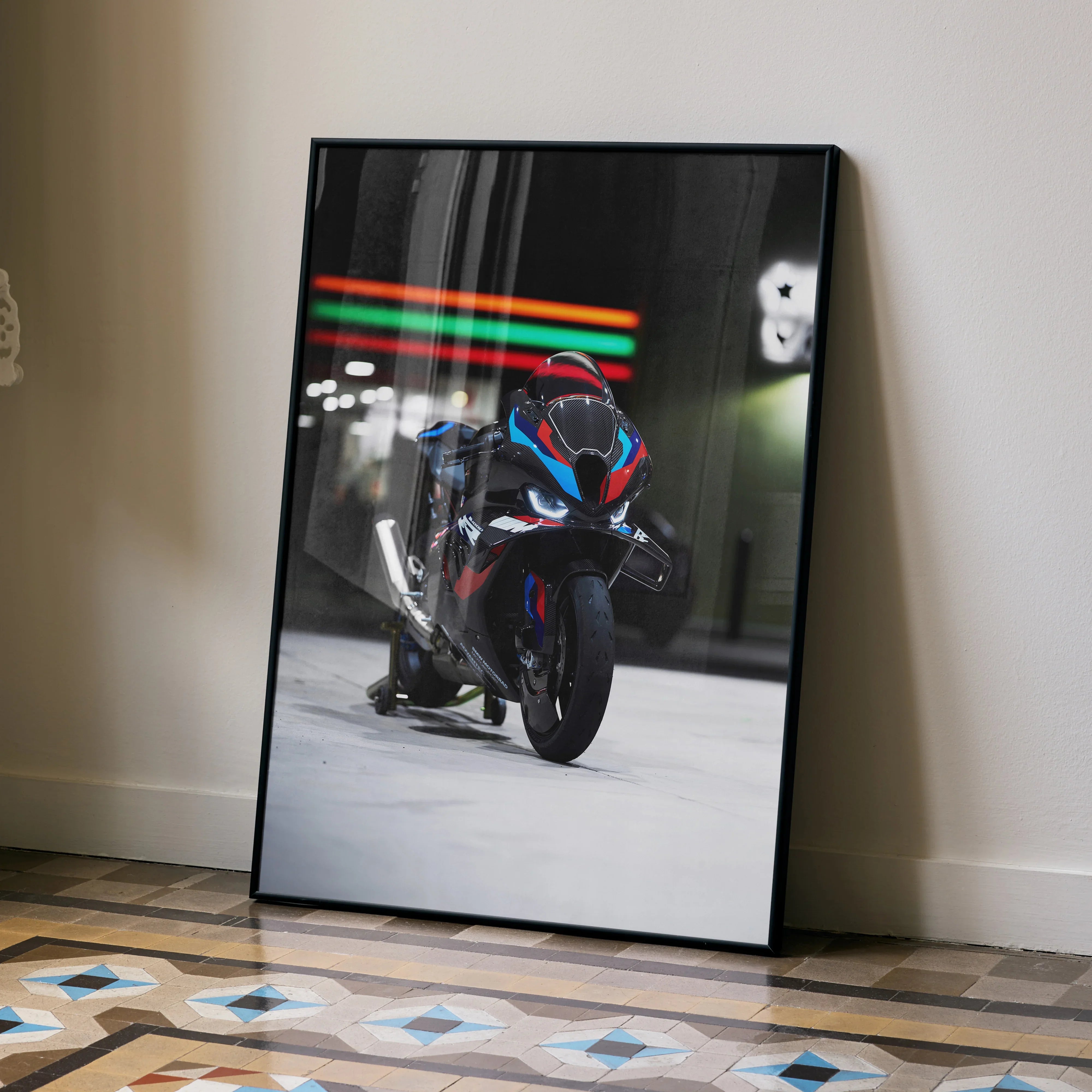 BMW M1000RR motorcycle poster with neon light reflections, modern wall art print in black frame.
