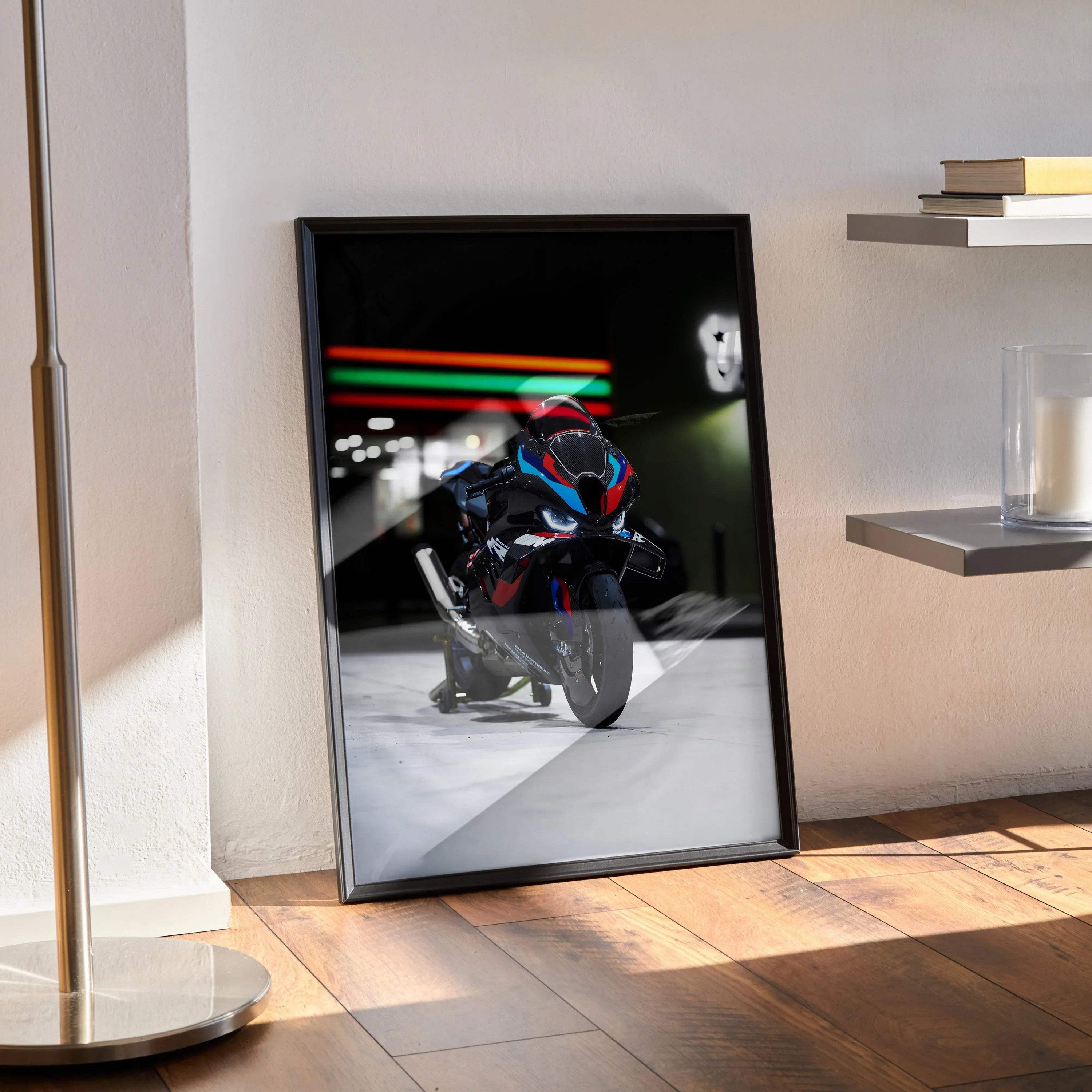 BMW M1000RR motorcycle art print poster with dynamic lighting, framed wall art in modern black frame.