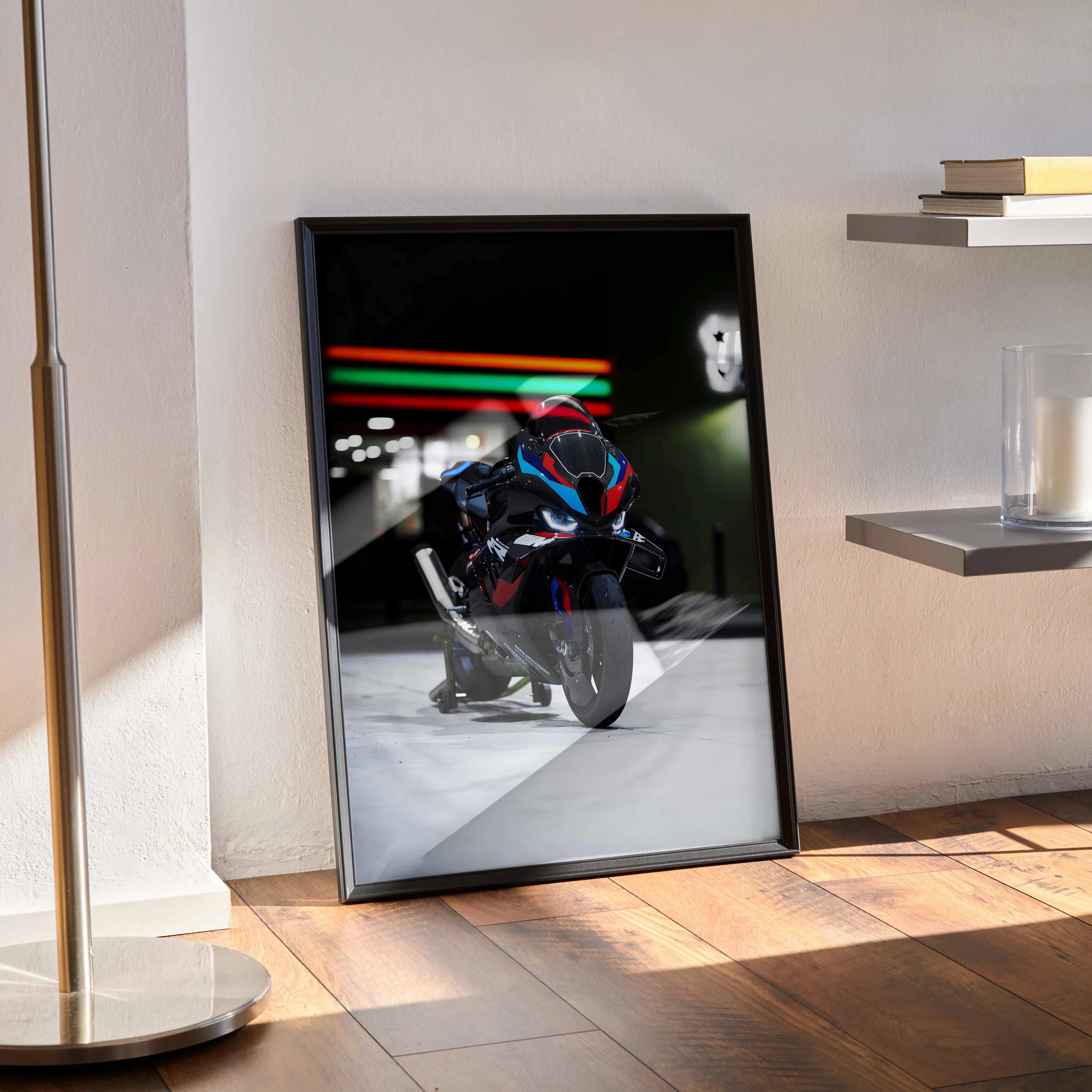 BMW M1000RR motorcycle art print poster with dynamic lighting, framed wall art in modern black frame.