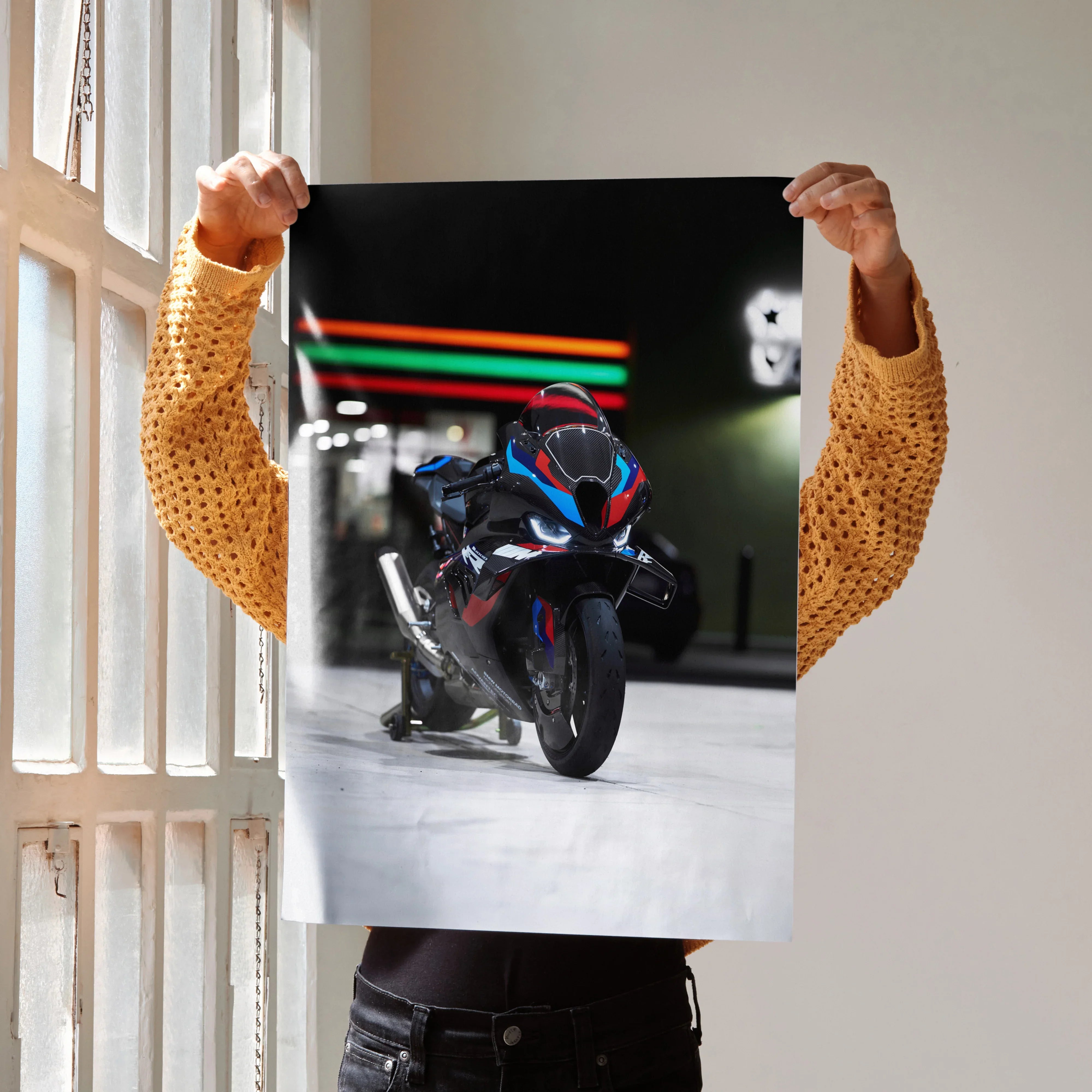 BMW M1000RR motorcycle in dynamic pose poster wall art with neon lights background.