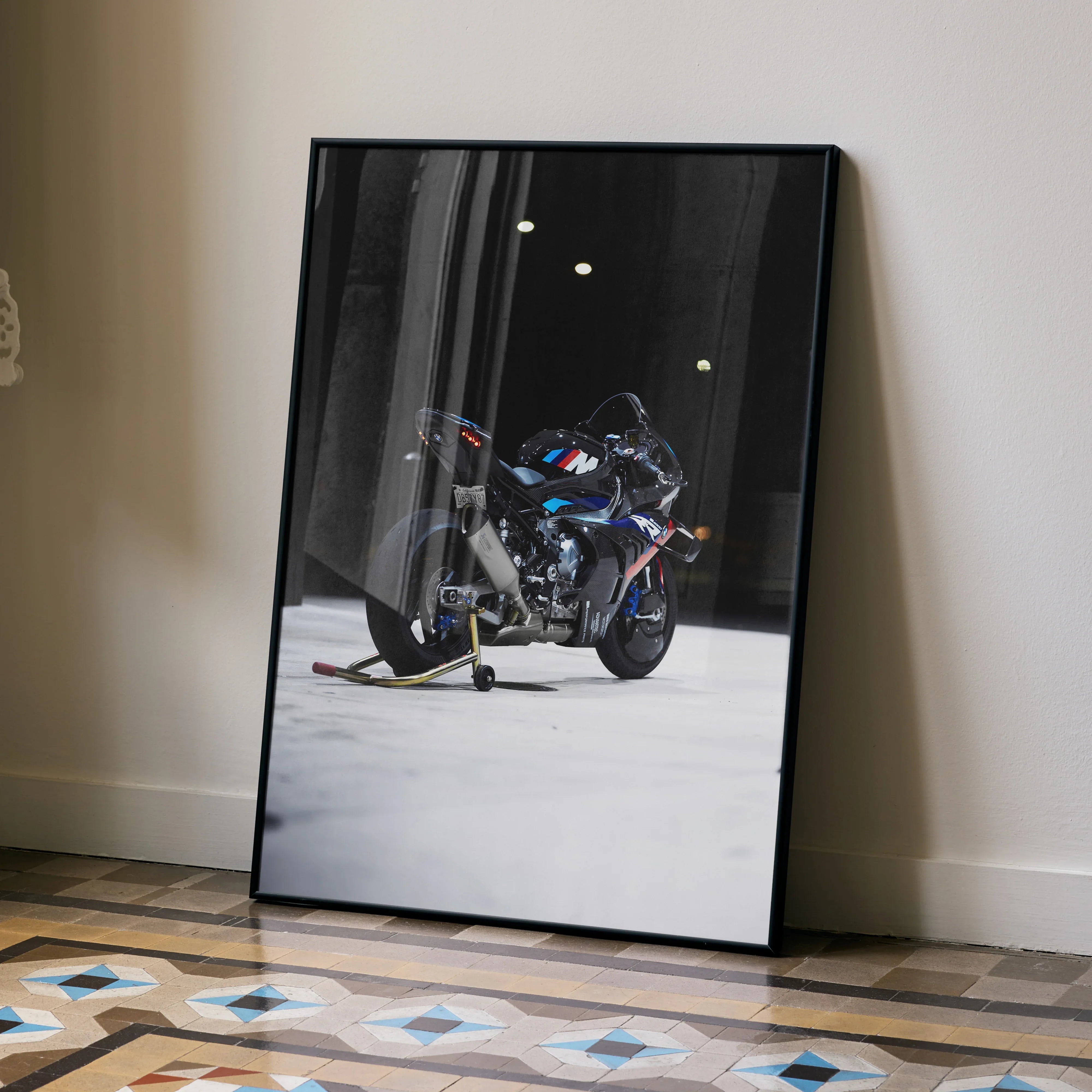 BMW M1000RR motorcycle poster with vibrant satin finish leaning against wall, modern wall art.
