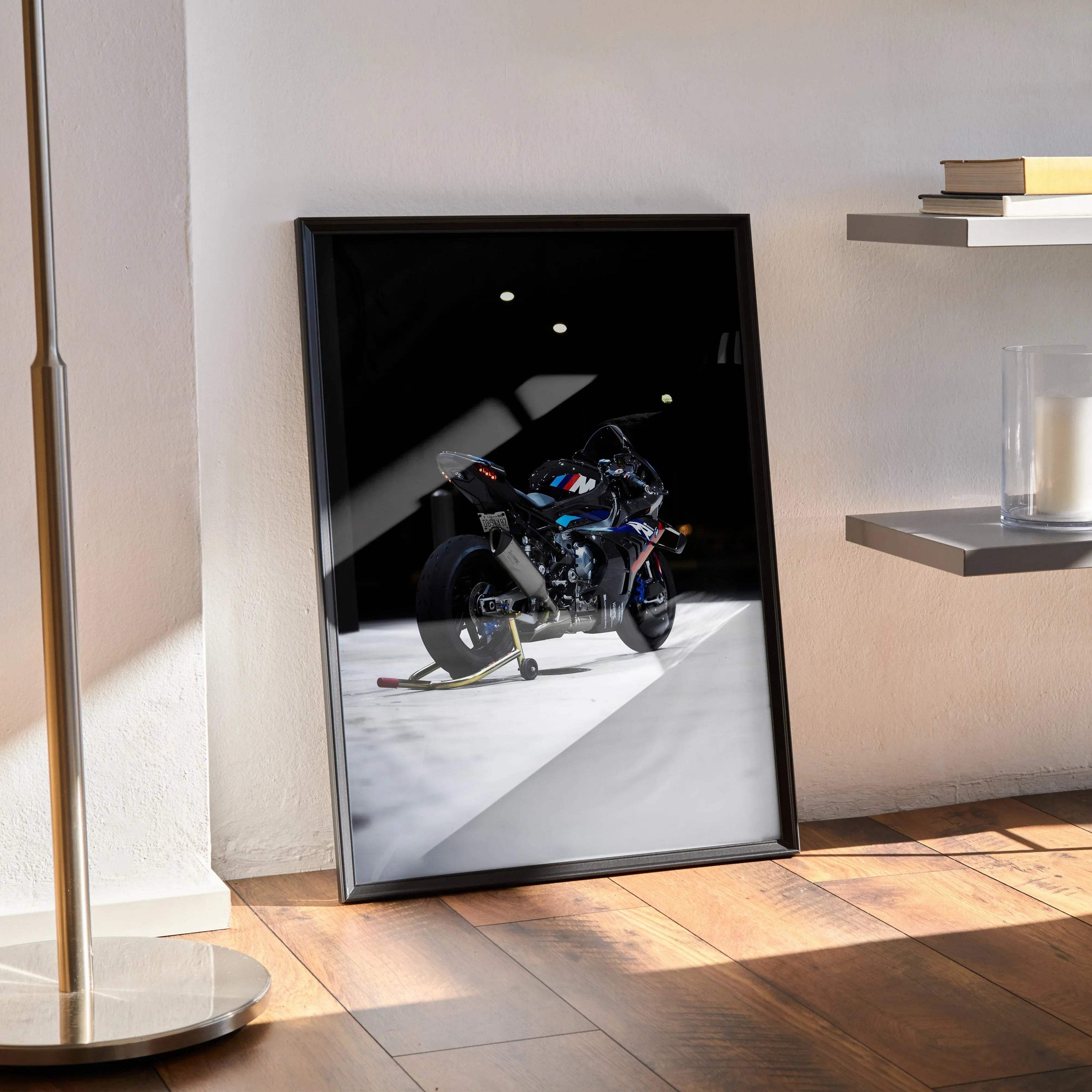 BMW M1000RR motorcycle poster with vibrant colors on sleek black satin wall art.