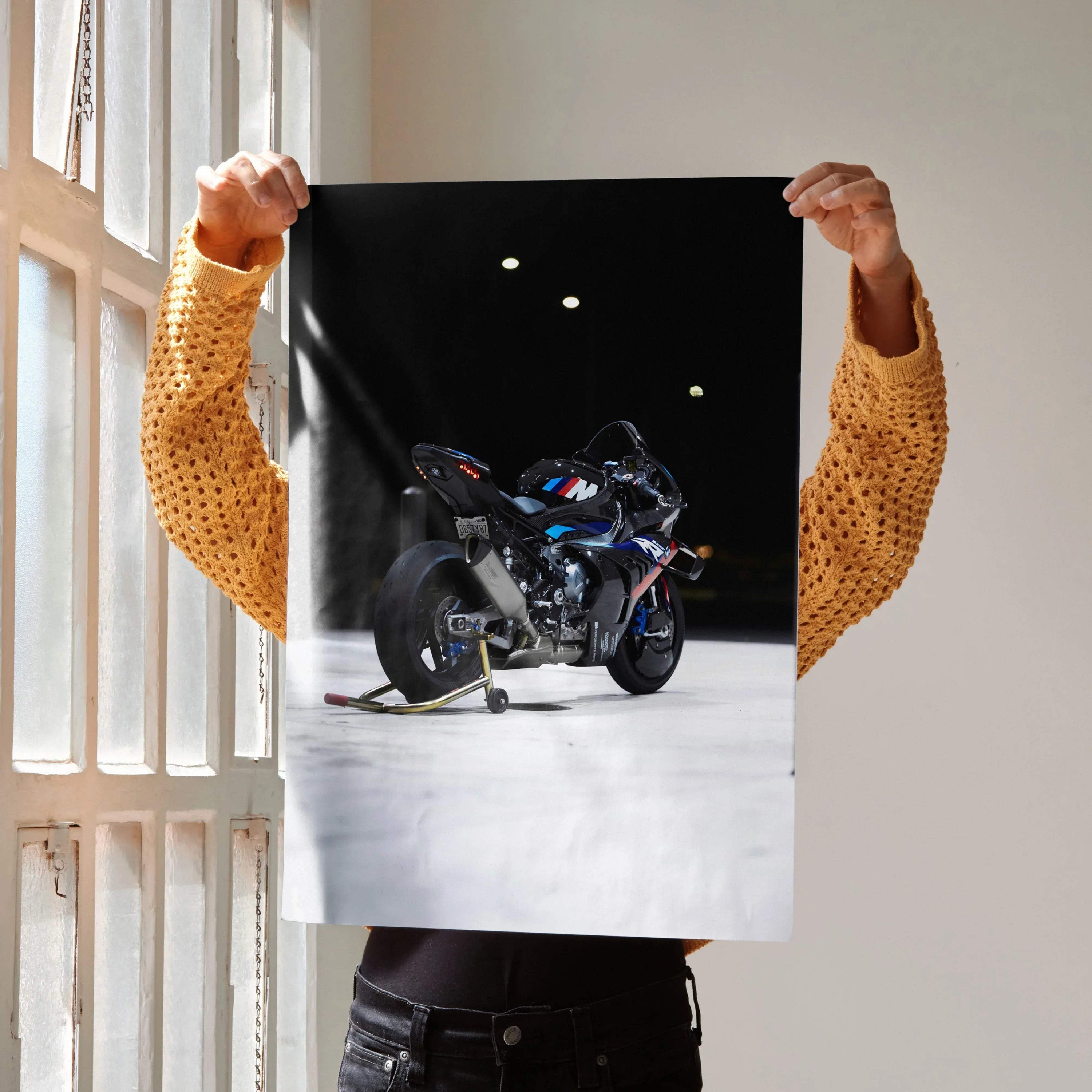 BMW M1000RR motorcycle poster showcasing vibrant, detailed wall art with a sleek black background.