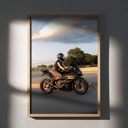 Biker Poster #102 - Female | AGV Pista Helmet | Yamaha R7 Motorcycle | Rolling Shot - Throttle Designs